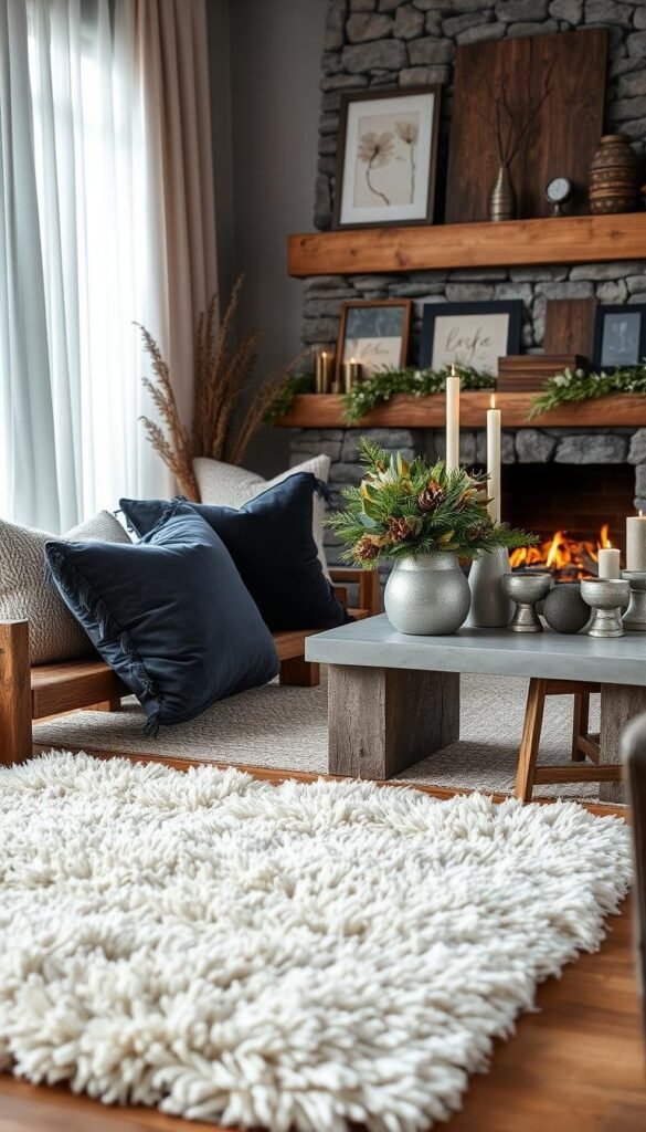 A cozy winter scene with various textures and materials layered throughout. In the foreground, a plush ivory shag rug and a rustic wooden bench adorned with lush velvet pillows in deep jewel tones. The middle ground features a sleek concrete side table topped with an array of seasonal botanicals, pinecones, and candlesticks in hammered metal and matte ceramic finishes. In the background, a stone fireplace mantel displaying an eclectic mix of framed artwork, weathered wood, and metallic accents, all illuminated by the warm glow of a crackling fire. Soft, diffused lighting filters through sheer white curtains, creating a moody, atmospheric ambiance. This harmonious blend of textures transforms the space into an inviting, visually captivating winter retreat. A cozy winter scene with various textures and materials layered throughout. In the foreground, a plush ivory shag rug and a rustic wooden bench adorned with lush velvet pillows in deep jewel tones. The middle ground features a sleek concrete side table topped with an array of seasonal botanicals, pinecones, and candlesticks in hammered metal and matte ceramic finishes. In the background, a stone fireplace mantel displaying an eclectic mix of framed artwork, weathered wood, and metallic accents, all illuminated by the warm glow of a crackling fire. Soft, diffused lighting filters through sheer white curtains, creating a moody, atmospheric ambiance. This harmonious blend of textures transforms the space into an inviting, visually captivating winter retreat.