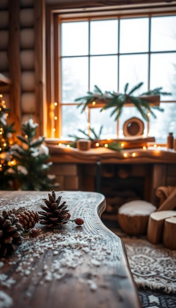 A cozy winter scene with warm wood accents throughout the frame. In the foreground, a rustic wooden table or bench, its surface adorned with pinecones, dried berries, and a dusting of fresh snow. In the middle ground, a fireplace mantel displaying an artful arrangement of weathered wood, twinkling fairy lights, and fragrant evergreen sprigs. The background features a large window, framed by natural wood trimmings, overlooking a tranquil snowy landscape outside. Soft, diffused lighting casts a gentle glow, creating an inviting and serene atmosphere. The overall mood is one of hygge - a sense of cozy, comfortable contentment amidst the winter chill. A cozy winter scene with warm wood accents throughout the frame. In the foreground, a rustic wooden table or bench, its surface adorned with pinecones, dried berries, and a dusting of fresh snow. In the middle ground, a fireplace mantel displaying an artful arrangement of weathered wood, twinkling fairy lights, and fragrant evergreen sprigs. The background features a large window, framed by natural wood trimmings, overlooking a tranquil snowy landscape outside. Soft, diffused lighting casts a gentle glow, creating an inviting and serene atmosphere. The overall mood is one of hygge - a sense of cozy, comfortable contentment amidst the winter chill.