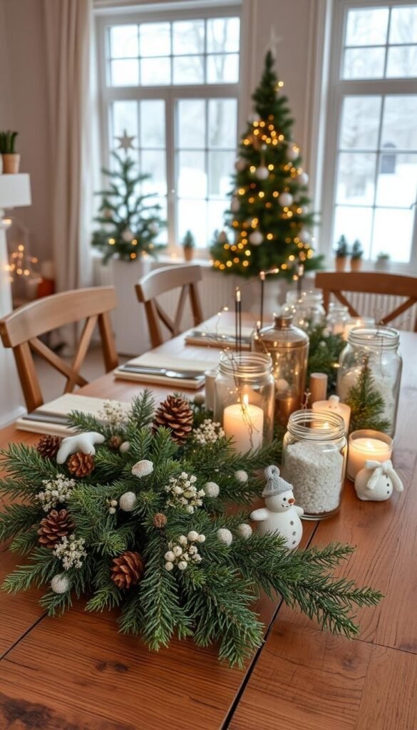 A cozy winter tablescape with DIY snowy centerpieces. In the foreground, a rustic wooden table is adorned with a lush garland of evergreen sprigs, pinecones, and delicate white floral accents, creating a serene and natural focal point. The middle ground features an arrangement of glass vases and jars filled with artificial snow, twinkling fairy lights, and an assortment of winter-themed decorations like miniature snowmen and frosted ornaments. The background is a soft, warm-toned interior with large windows overlooking a snowy landscape, casting a gentle, diffused light that accentuates the winter wonderland ambiance. The overall mood is one of hygge, inviting viewers to imagine a peaceful, cozy gathering around this beautifully styled table. A cozy winter tablescape with DIY snowy centerpieces. In the foreground, a rustic wooden table is adorned with a lush garland of evergreen sprigs, pinecones, and delicate white floral accents, creating a serene and natural focal point. The middle ground features an arrangement of glass vases and jars filled with artificial snow, twinkling fairy lights, and an assortment of winter-themed decorations like miniature snowmen and frosted ornaments. The background is a soft, warm-toned interior with large windows overlooking a snowy landscape, casting a gentle, diffused light that accentuates the winter wonderland ambiance. The overall mood is one of hygge, inviting viewers to imagine a peaceful, cozy gathering around this beautifully styled table.