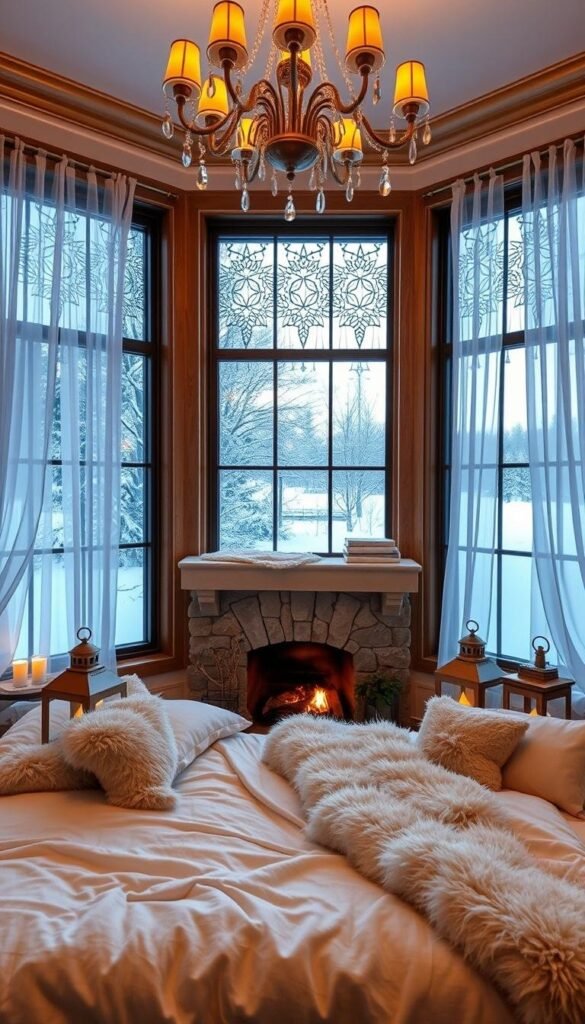 A cozy winter-themed bedroom with a large picture window overlooking a snow-covered landscape. Soft white bedding and faux fur accents create a plush, inviting atmosphere. A stone fireplace in the corner casts a warm glow, its flames reflected in the glass of antique lanterns on the nightstands. Sheer, icy-blue curtains billow gently, framing the tranquil outdoor scene. Intricate ice crystal patterns adorn the windowpanes, adding a touch of whimsical frost. The room is lit by a combination of a central chandelier and soft, ambient lighting, producing a serene, atmospheric mood perfect for lazy mornings and frosty nights.
