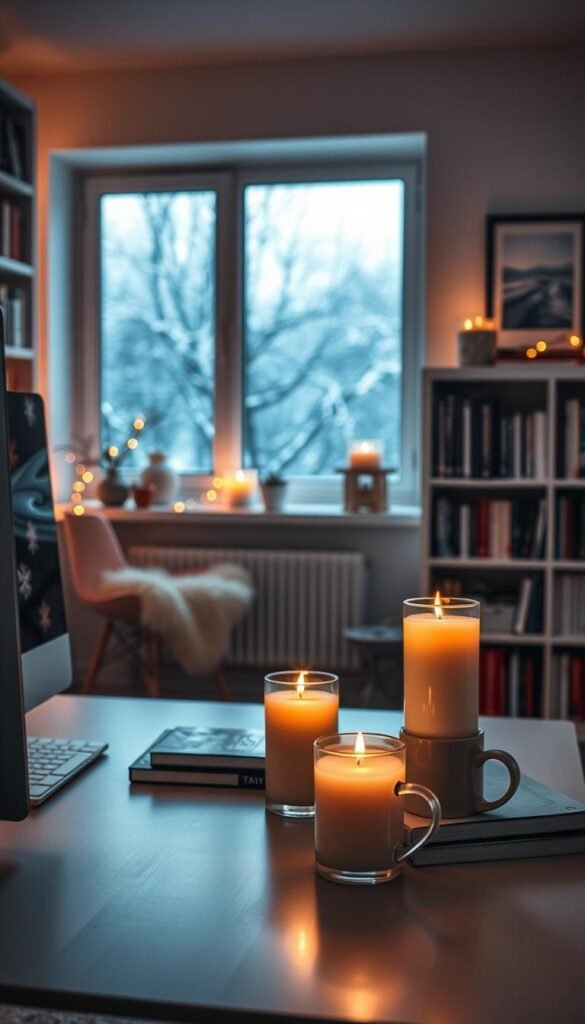 A cozy winter-themed office space, bathed in warm ambient lighting and adorned with scented candles. The foreground features a minimalist, Scandinavian-inspired desk setup with a sleek computer, a stack of books, and a ceramic mug. On the desk, a trio of candles in frosted glass holders emit a comforting glow, their flickering flames complemented by the soft, inviting scent of cinnamon and clove. In the middle ground, bookshelves line the walls, interspersed with framed winter landscape photographs. The background reveals a large window, allowing the gentle snowfall outside to be visible, creating a serene, contemplative atmosphere. The overall scene conveys a sense of hygge - a cozy, comfortable, and calming winter ambiance.