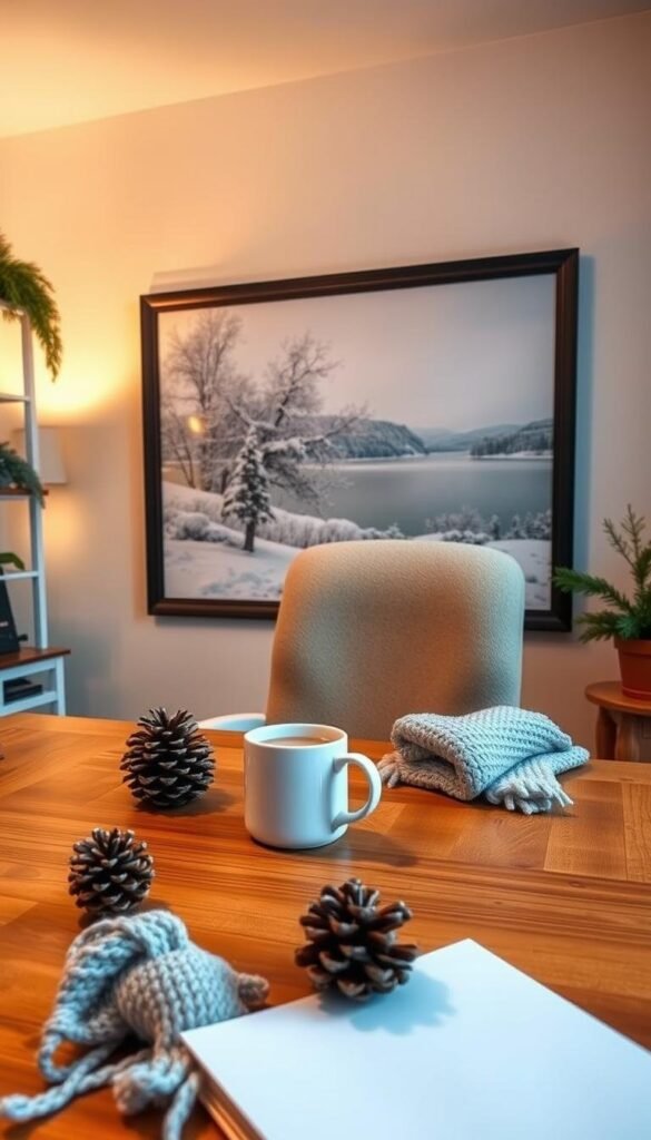 A cozy, winter-themed office space with a warm and inviting atmosphere. In the foreground, a wooden desk adorned with seasonal accents like pinecones, a knitted blanket, and a mug of hot cocoa. On the wall behind the desk, a large framed painting depicting a serene winter landscape with snowy trees and a calm, frozen lake. The lighting is soft and diffused, creating a comfortable, ambient glow. The room is accented with touches of greenery, such as a small potted plant or a sprig of evergreen. The overall vibe is one of productivity and inspiration, perfect for the winter season.