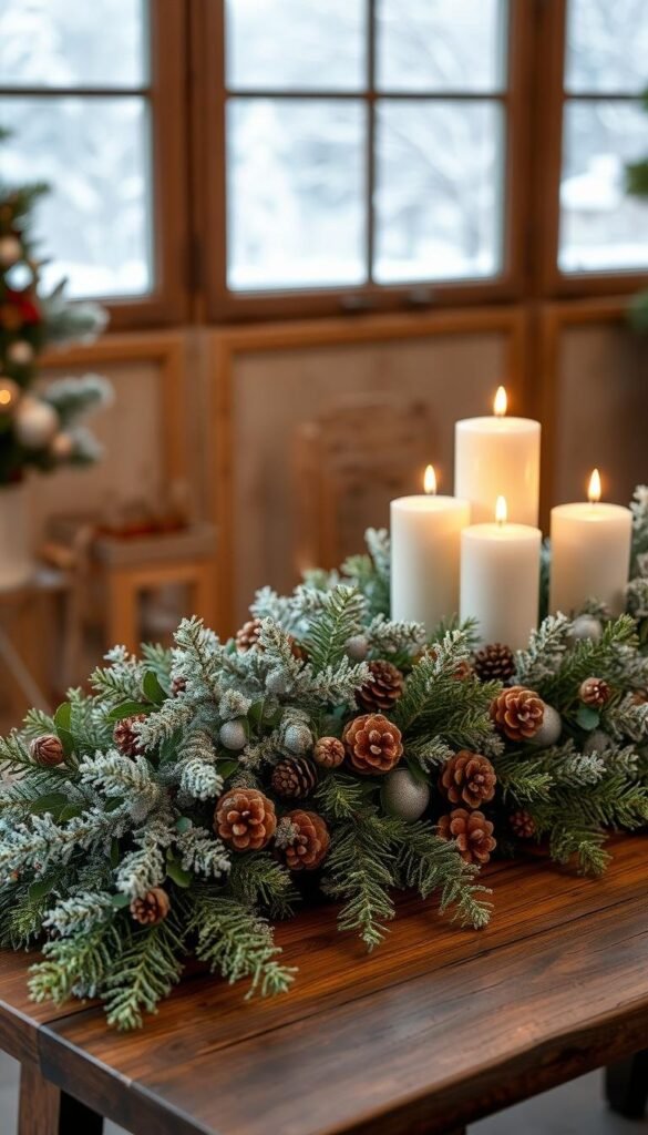 A cozy winter wonderland centered on a rustic wooden table, adorned with a lush arrangement of frosted greenery, pinecones, and a touch of warm candlelight. The foreground features an elegant garland of eucalyptus, fir, and holly, with delicate icy accents. In the middle ground, a cluster of white pillar candles casts a soft, inviting glow, while the background depicts a snow-covered landscape visible through a frosty window pane. The overall atmosphere evokes a sense of seasonal tranquility and natural beauty, perfectly suited for a winter-themed decor. A cozy winter wonderland centered on a rustic wooden table, adorned with a lush arrangement of frosted greenery, pinecones, and a touch of warm candlelight. The foreground features an elegant garland of eucalyptus, fir, and holly, with delicate icy accents. In the middle ground, a cluster of white pillar candles casts a soft, inviting glow, while the background depicts a snow-covered landscape visible through a frosty window pane. The overall atmosphere evokes a sense of seasonal tranquility and natural beauty, perfectly suited for a winter-themed decor.