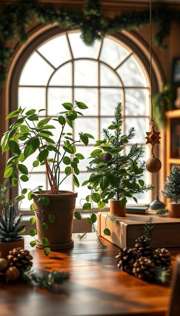A festive indoor winter office scene with lush green plants and nature-inspired holiday decor. Warm, cozy lighting illuminates a wooden desk with a potted ficus, trailing vines, and a miniature Christmas tree. Rustic pine cones, sprigs of evergreen, and a handcrafted ornament add pops of seasonal charm. The background features a large arched window overlooking a snowy landscape, casting a soft, natural glow. Rendered in a detailed, photorealistic style with a shallow depth of field, creating an inviting and inspirational work environment.