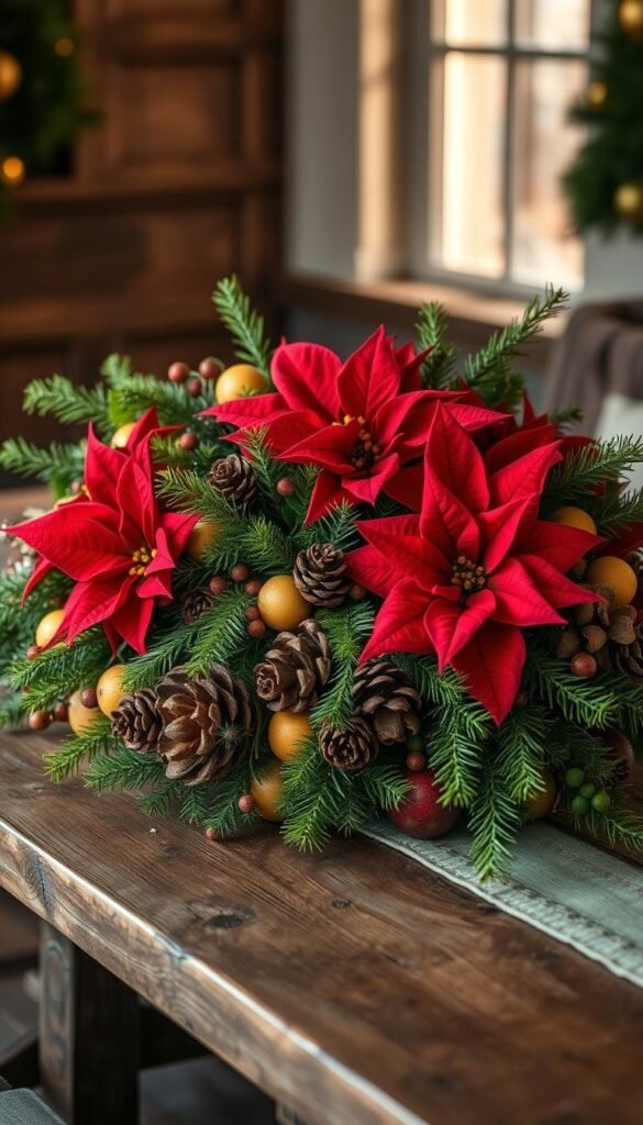A festive winter centerpiece composed of lush greenery, vibrant red poinsettias, and a mix of seasonal fruits and pinecones. The arrangement is presented on a rustic wooden table, bathed in soft, warm lighting that casts a cozy glow across the scene. The composition is carefully balanced, with the florals and botanicals creating a visually striking focal point. The overall atmosphere conveys a sense of holiday cheer and natural beauty, perfectly suited to brighten any winter home.