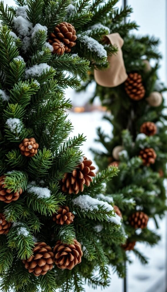 A handmade winter wreath with lush evergreen foliage, pinecones, and a touch of rustic charm. The wreath is beautifully crafted, with a natural, organic appearance that evokes the cozy ambiance of the winter season. The foreground features the intricate details of the wreath, showcasing the skilled handiwork and attention to detail. In the middle ground, soft lighting casts a warm glow, highlighting the rich textures and colors of the materials used. The background is a serene, snowy landscape, adding to the peaceful, wintry atmosphere. The overall composition creates a visually striking and inviting representation of a handmade winter wreath, perfect for setting the scene for a cozy DIY home decor project. A handmade winter wreath with lush evergreen foliage, pinecones, and a touch of rustic charm. The wreath is beautifully crafted, with a natural, organic appearance that evokes the cozy ambiance of the winter season. The foreground features the intricate details of the wreath, showcasing the skilled handiwork and attention to detail. In the middle ground, soft lighting casts a warm glow, highlighting the rich textures and colors of the materials used. The background is a serene, snowy landscape, adding to the peaceful, wintry atmosphere. The overall composition creates a visually striking and inviting representation of a handmade winter wreath, perfect for setting the scene for a cozy DIY home decor project.