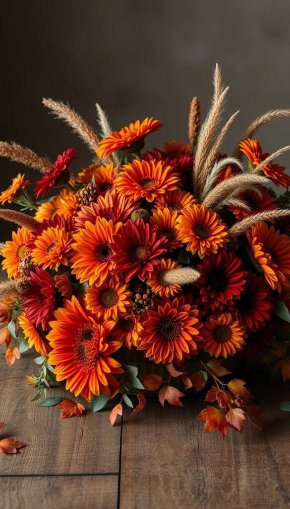A lavish autumn floral centerpiece blooms with vibrant hues of burnt orange, deep crimson, and golden ochre. Lush dahlias, chrysanthemums, and zinnias spill over the edges of a rustic wooden table, their petals gently illuminated by soft, warm lighting. Clusters of vibrant fall foliage, including maple leaves and tufts of wispy grasses, create a rich, textural backdrop. The arrangement is framed by a subtle vignette, with the table positioned against a muted, atmospheric backdrop that enhances the cozy, harvest-time mood. The overall composition conveys a sense of rustic elegance, perfect for transforming any table into an autumnal sanctuary. A lavish autumn floral centerpiece blooms with vibrant hues of burnt orange, deep crimson, and golden ochre. Lush dahlias, chrysanthemums, and zinnias spill over the edges of a rustic wooden table, their petals gently illuminated by soft, warm lighting. Clusters of vibrant fall foliage, including maple leaves and tufts of wispy grasses, create a rich, textural backdrop. The arrangement is framed by a subtle vignette, with the table positioned against a muted, atmospheric backdrop that enhances the cozy, harvest-time mood. The overall composition conveys a sense of rustic elegance, perfect for transforming any table into an autumnal sanctuary.