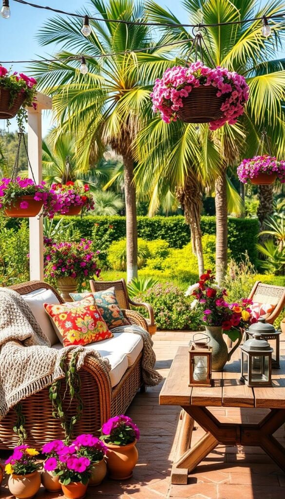A lush, sun-dappled patio adorned with vibrant floral arrangements, hanging baskets, and whimsical string lights. In the foreground, a wicker loveseat is draped with plush cushions and a cozy knit throw. Scattered about are ceramic pots brimming with cascading vines and blooming petunias. In the middle ground, a rustic wooden table is set with colorful outdoor tableware, a vase of wildflowers, and weathered lanterns casting a warm, ambient glow. The background features a verdant garden with towering palm trees swaying gently in a soft summer breeze. The overall atmosphere is one of relaxation, comfort, and effortless outdoor elegance.