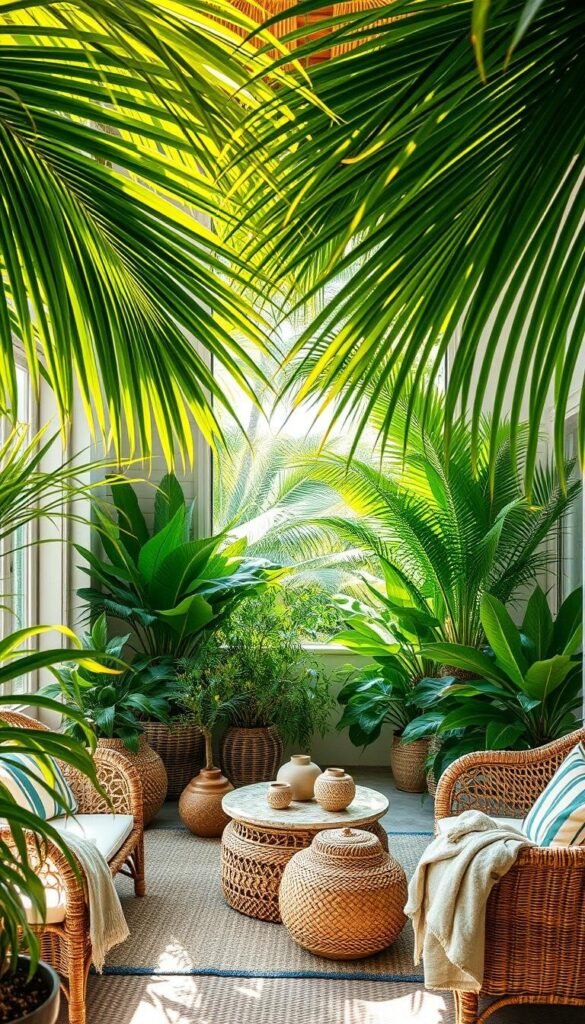 A lush tropical home oasis, sun-dappled and serene. Vibrant palm fronds frame the scene, their verdant canopy casting gentle shadows across woven rattan furniture. Lush potted plants, their leaves unfurling in cascading displays, dot the space. Intricate woven baskets and handcrafted ceramics add organic texture, their earthy tones complementing the natural palette. Soft striped textiles drape over the furnishings, their colors echoing the hues of the tropical foliage beyond. Warm, diffused lighting filters through the open windows, creating a soothing, laid-back ambiance. This outdoor-inspired decor invites you to immerse yourself in the chill, summery vibes of a tropical retreat. A lush tropical home oasis, sun-dappled and serene. Vibrant palm fronds frame the scene, their verdant canopy casting gentle shadows across woven rattan furniture. Lush potted plants, their leaves unfurling in cascading displays, dot the space. Intricate woven baskets and handcrafted ceramics add organic texture, their earthy tones complementing the natural palette. Soft striped textiles drape over the furnishings, their colors echoing the hues of the tropical foliage beyond. Warm, diffused lighting filters through the open windows, creating a soothing, laid-back ambiance. This outdoor-inspired decor invites you to immerse yourself in the chill, summery vibes of a tropical retreat.