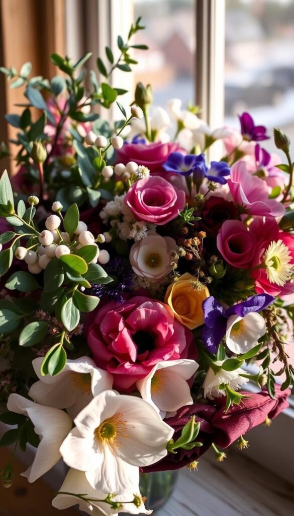 A lush, vibrant bouquet of sustainably grown winter flowers, illuminated by soft, warm lighting. In the foreground, a delicate arrangement of eucalyptus, snowberries, and hellebores, their petals glistening with morning dew. The middle ground features a mix of seasonal blooms, such as anemones, ranunculus, and winter pansies, their colors complementing each other in a harmonious palette. In the background, a blurred, natural setting, perhaps a cozy windowsill or a rustic wooden table, evoking a sense of tranquility and eco-friendly elegance. The overall composition conveys a feeling of natural beauty, environmental consciousness, and the enduring charm of winter flora. A lush, vibrant bouquet of sustainably grown winter flowers, illuminated by soft, warm lighting. In the foreground, a delicate arrangement of eucalyptus, snowberries, and hellebores, their petals glistening with morning dew. The middle ground features a mix of seasonal blooms, such as anemones, ranunculus, and winter pansies, their colors complementing each other in a harmonious palette. In the background, a blurred, natural setting, perhaps a cozy windowsill or a rustic wooden table, evoking a sense of tranquility and eco-friendly elegance. The overall composition conveys a feeling of natural beauty, environmental consciousness, and the enduring charm of winter flora.