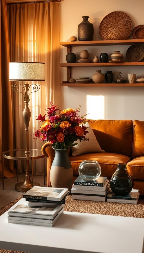 A meticulously curated fall living room, bathed in warm, golden light filtering through sheer curtains. In the foreground, an ornate, aged brass floor lamp casts a cozy glow over a plush, autumnal-hued velvet armchair. On a wooden side table, a sculptural ceramic vase holds a lush bouquet of seasonal blooms. Atop a woven area rug, a sleek, minimalist coffee table displays a stack of design magazines and a hand-blown glass candle holder. In the background, a wall-mounted natural wood shelf showcases an artful arrangement of decorative objects, from weathered ceramics to textured woven baskets, creating a harmonious balance of form and function. A meticulously curated fall living room, bathed in warm, golden light filtering through sheer curtains. In the foreground, an ornate, aged brass floor lamp casts a cozy glow over a plush, autumnal-hued velvet armchair. On a wooden side table, a sculptural ceramic vase holds a lush bouquet of seasonal blooms. Atop a woven area rug, a sleek, minimalist coffee table displays a stack of design magazines and a hand-blown glass candle holder. In the background, a wall-mounted natural wood shelf showcases an artful arrangement of decorative objects, from weathered ceramics to textured woven baskets, creating a harmonious balance of form and function.