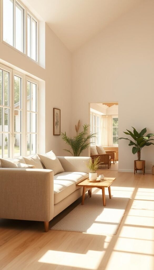 A minimalist summer home interior, bathed in warm, natural light filtering through large windows. The foreground features a simple, streamlined sofa in a neutral tone, complemented by a low, wooden coffee table. Midground showcases a small, potted plant and a few carefully curated decorative objects, creating a sense of balance and tranquility. The background reveals whitewashed walls, a vaulted ceiling, and a glimpse of an outdoor patio, blurring the lines between indoor and outdoor living. The overall atmosphere exudes a calming, airy ambiance, embodying the essence of minimalist summer aesthetics. A minimalist summer home interior, bathed in warm, natural light filtering through large windows. The foreground features a simple, streamlined sofa in a neutral tone, complemented by a low, wooden coffee table. Midground showcases a small, potted plant and a few carefully curated decorative objects, creating a sense of balance and tranquility. The background reveals whitewashed walls, a vaulted ceiling, and a glimpse of an outdoor patio, blurring the lines between indoor and outdoor living. The overall atmosphere exudes a calming, airy ambiance, embodying the essence of minimalist summer aesthetics.
