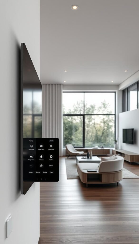 A modern and minimalist smart home interior with sleek, integrated technology. In the foreground, a floating touchscreen panel displays various home control options. The middle ground features a stylish mix of furniture, including a curved sofa and a floating media unit with hidden speakers. In the background, a large window provides ample natural light, illuminating the space and seamlessly blending the indoor and outdoor environments. The color palette is a harmonious blend of whites, grays, and natural wood tones, creating a calming and sophisticated atmosphere. Subtle ambient lighting and discreet smart home sensors elevate the space, showcasing the future of elegant, high-tech home decor. A modern and minimalist smart home interior with sleek, integrated technology. In the foreground, a floating touchscreen panel displays various home control options. The middle ground features a stylish mix of furniture, including a curved sofa and a floating media unit with hidden speakers. In the background, a large window provides ample natural light, illuminating the space and seamlessly blending the indoor and outdoor environments. The color palette is a harmonious blend of whites, grays, and natural wood tones, creating a calming and sophisticated atmosphere. Subtle ambient lighting and discreet smart home sensors elevate the space, showcasing the future of elegant, high-tech home decor.