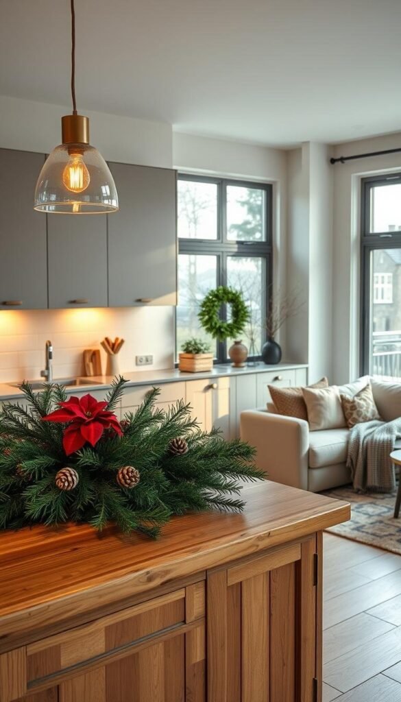 A modern, well-appointed winter kitchen with a warm, inviting ambiance. The foreground features a wooden kitchen island adorned with seasonal plants and greenery, such as lush evergreen sprigs, pinecones, and a small potted poinsettia. Soft, diffused lighting from pendant fixtures casts a gentle glow, complemented by the natural light streaming in through large windows. The middle ground showcases sleek, minimalist cabinetry in a muted palette, providing ample storage. In the background, a cozy seating area with plush upholstery and textured throws invites relaxation. The overall scene evokes a sense of hygge, blending functionality with seasonal, nature-inspired decor.