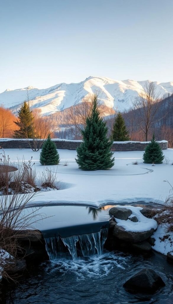 A picturesque winter garden scene, bathed in a soft, ethereal glow. In the foreground, a serene pond with a gentle cascade, its surface partially frozen, reflecting the surrounding landscape. Clusters of evergreen shrubs and delicate bare-branched trees dot the middle ground, their silhouettes creating a captivating play of light and shadow. In the background, a snow-capped mountain range rises majestically, its peaks kissed by the warm glow of the setting sun. The overall atmosphere is one of tranquility and wonder, inviting the viewer to step into this enchanting winter wonderland. A picturesque winter garden scene, bathed in a soft, ethereal glow. In the foreground, a serene pond with a gentle cascade, its surface partially frozen, reflecting the surrounding landscape. Clusters of evergreen shrubs and delicate bare-branched trees dot the middle ground, their silhouettes creating a captivating play of light and shadow. In the background, a snow-capped mountain range rises majestically, its peaks kissed by the warm glow of the setting sun. The overall atmosphere is one of tranquility and wonder, inviting the viewer to step into this enchanting winter wonderland.