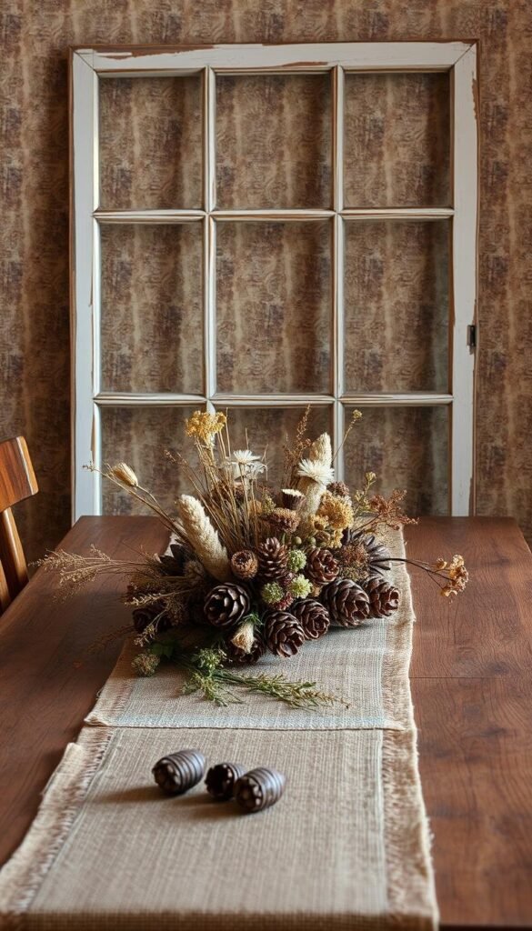 A rustic autumn vignette featuring a wooden table draped with a burlap runner, adorned with a centerpiece of natural elements. In the foreground, a collection of pine cones, dried flowers, and fragrant herbs are arranged artfully. Behind, a large, weathered window frame leans against the wall, casting warm, soft lighting across the scene. In the background, a textured, earth-toned wallpaper sets the stage, hinting at the vibrant, sustainable materials used throughout. The overall mood is cozy, inviting, and mindful of the beauty found in nature during the autumn season. A rustic autumn vignette featuring a wooden table draped with a burlap runner, adorned with a centerpiece of natural elements. In the foreground, a collection of pine cones, dried flowers, and fragrant herbs are arranged artfully. Behind, a large, weathered window frame leans against the wall, casting warm, soft lighting across the scene. In the background, a textured, earth-toned wallpaper sets the stage, hinting at the vibrant, sustainable materials used throughout. The overall mood is cozy, inviting, and mindful of the beauty found in nature during the autumn season.