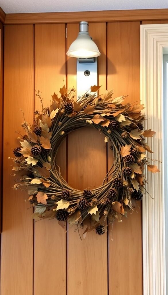 A rustic fall wreath made of natural elements hangs proudly on a warm, wooden kitchen wall. Lush foliage of dried leaves, pinecones, and twigs intertwine, creating a cozy, autumnal centerpiece. Soft, ambient lighting from a nearby window casts a gentle glow, accentuating the wreath's earthy tones. The scene evokes a sense of homemade charm and seasonal cheer, perfectly complementing the kitchen's farmhouse-inspired decor. A thoughtful, DIY touch that brings the essence of fall into the heart of the home. A rustic fall wreath made of natural elements hangs proudly on a warm, wooden kitchen wall. Lush foliage of dried leaves, pinecones, and twigs intertwine, creating a cozy, autumnal centerpiece. Soft, ambient lighting from a nearby window casts a gentle glow, accentuating the wreath's earthy tones. The scene evokes a sense of homemade charm and seasonal cheer, perfectly complementing the kitchen's farmhouse-inspired decor. A thoughtful, DIY touch that brings the essence of fall into the heart of the home.