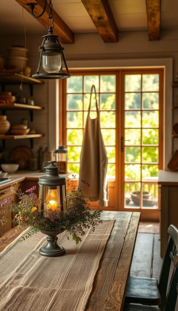 A rustic farmhouse kitchen with natural elements, bathed in warm, golden lighting. In the foreground, a wooden table adorned with a burlap runner, a bouquet of seasonal wildflowers, and a vintage lantern casting a cozy glow. On the shelves, earthenware dishes and glass jars filled with dried herbs and spices. In the middle ground, a farmhouse-style apron hangs from an antique hook, complementing the shiplap walls and exposed beams. In the background, a large window overlooking a lush, verdant garden, hinting at the abundance of nature outside. The overall scene exudes a sense of warmth, comfort, and a connection to the land. A rustic farmhouse kitchen with natural elements, bathed in warm, golden lighting. In the foreground, a wooden table adorned with a burlap runner, a bouquet of seasonal wildflowers, and a vintage lantern casting a cozy glow. On the shelves, earthenware dishes and glass jars filled with dried herbs and spices. In the middle ground, a farmhouse-style apron hangs from an antique hook, complementing the shiplap walls and exposed beams. In the background, a large window overlooking a lush, verdant garden, hinting at the abundance of nature outside. The overall scene exudes a sense of warmth, comfort, and a connection to the land.