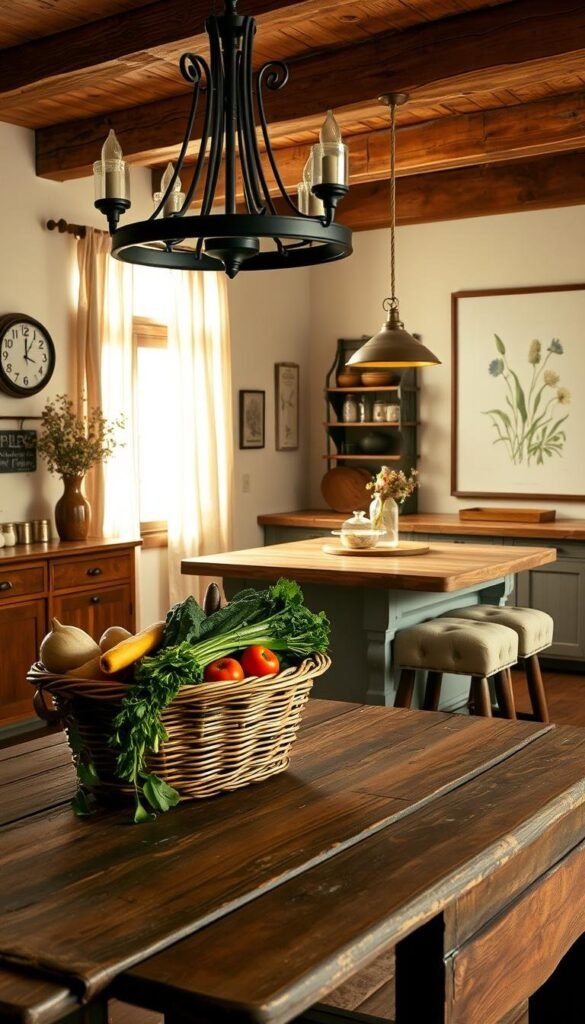 A rustic farmhouse kitchen with warm, natural lighting filtering through sheer curtains. In the foreground, a weathered wooden table is adorned with a plaid tablecloth, complemented by a woven basket overflowing with freshly harvested vegetables. Hanging from the ceiling, a wrought-iron chandelier casts a soft, ambient glow. The walls are adorned with a vintage clock, mason jars filled with dried flowers, and a large, framed botanical print. In the background, a farmhouse-style kitchen island with a butcher block top is accented by a pair of tufted, linen-upholstered stools. The overall atmosphere evokes a cozy, inviting space perfect for gathering friends and family. A rustic farmhouse kitchen with warm, natural lighting filtering through sheer curtains. In the foreground, a weathered wooden table is adorned with a plaid tablecloth, complemented by a woven basket overflowing with freshly harvested vegetables. Hanging from the ceiling, a wrought-iron chandelier casts a soft, ambient glow. The walls are adorned with a vintage clock, mason jars filled with dried flowers, and a large, framed botanical print. In the background, a farmhouse-style kitchen island with a butcher block top is accented by a pair of tufted, linen-upholstered stools. The overall atmosphere evokes a cozy, inviting space perfect for gathering friends and family.