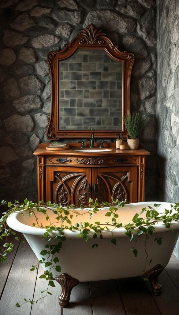 A rustic winter bathroom, with a claw-foot tub positioned in the foreground, adorned with lush, verdant greenery cascading over the edges. The tub is illuminated by soft, warm lighting, casting a cozy glow. In the middle ground, a wooden vanity unit with intricate carved details, topped with a striking, oversized mirror. The background features a stone wall, textured and weathered, adding depth and character to the scene. Subtle, muted tones of grey, green, and natural wood create a harmonious, nature-inspired atmosphere, inviting the viewer to imagine a serene, rejuvenating experience. A rustic winter bathroom, with a claw-foot tub positioned in the foreground, adorned with lush, verdant greenery cascading over the edges. The tub is illuminated by soft, warm lighting, casting a cozy glow. In the middle ground, a wooden vanity unit with intricate carved details, topped with a striking, oversized mirror. The background features a stone wall, textured and weathered, adding depth and character to the scene. Subtle, muted tones of grey, green, and natural wood create a harmonious, nature-inspired atmosphere, inviting the viewer to imagine a serene, rejuvenating experience.