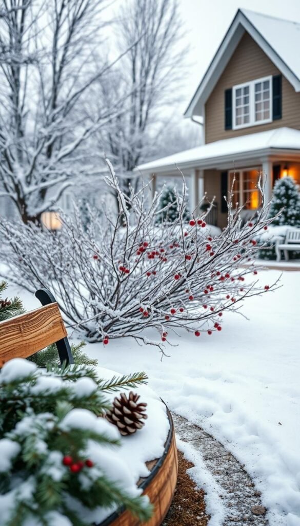 A serene winter landscape with a cozy, inviting home nestled in a snowy setting. The foreground features a well-maintained curb, adorned with natural elements like pine boughs, pinecones, and a rustic wooden bench. The middle ground showcases a lush, frost-covered garden with delicate branches and vibrant berries, creating a stunning contrast against the pristine white backdrop. In the background, a soft, ethereal glow emanates from warm lighting within the home, casting a welcoming ambiance. The entire scene is bathed in a soft, diffused light, conveying a sense of tranquility and natural beauty that perfectly captures the essence of "winter curb appeal ideas". A serene winter landscape with a cozy, inviting home nestled in a snowy setting. The foreground features a well-maintained curb, adorned with natural elements like pine boughs, pinecones, and a rustic wooden bench. The middle ground showcases a lush, frost-covered garden with delicate branches and vibrant berries, creating a stunning contrast against the pristine white backdrop. In the background, a soft, ethereal glow emanates from warm lighting within the home, casting a welcoming ambiance. The entire scene is bathed in a soft, diffused light, conveying a sense of tranquility and natural beauty that perfectly captures the essence of "winter curb appeal ideas".