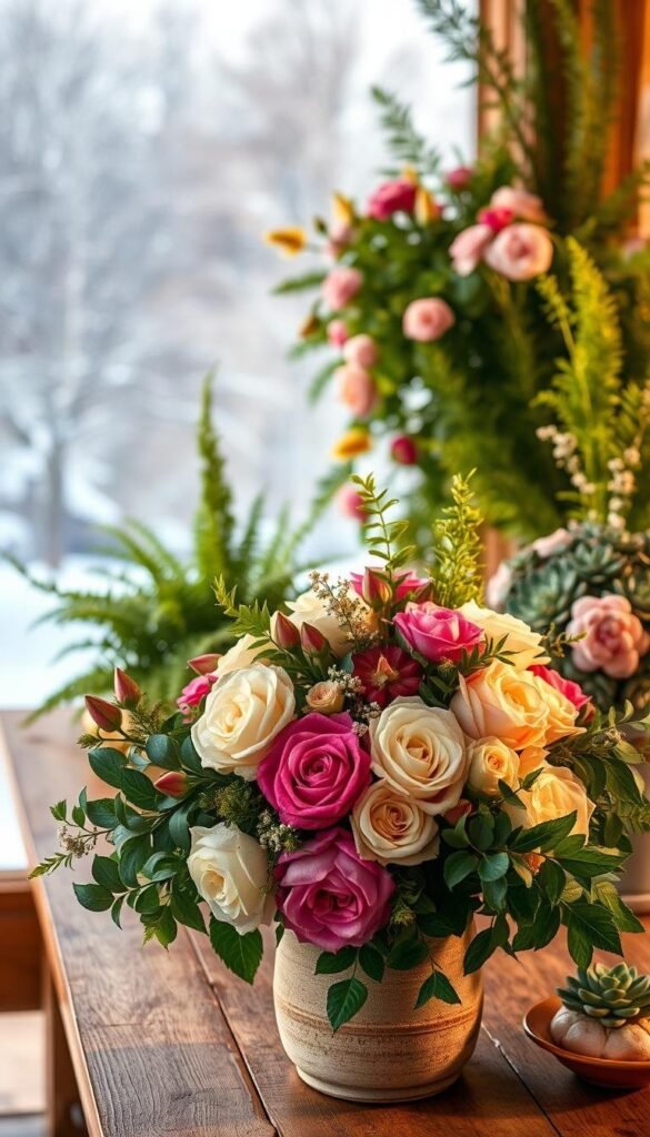 A stunning array of seasonal floral arrangements, overflowing with vibrant blooms and lush greenery. In the foreground, a captivating bouquet of fresh-cut flowers, such as elegant roses, delicate peonies, and fragrant eucalyptus, artfully arranged in a rustic ceramic vase. In the middle ground, an assortment of potted plants, including verdant ferns and delicate succulents, artfully displayed on a wooden table. The background features a softly blurred winter landscape, with a gentle snowfall creating a serene, cozy atmosphere. The lighting is warm and inviting, casting a golden glow over the entire scene, evoking a sense of comfort and rejuvenation. This image perfectly captures the beauty and versatility of using flowers and greenery to enhance your winter decor. A stunning array of seasonal floral arrangements, overflowing with vibrant blooms and lush greenery. In the foreground, a captivating bouquet of fresh-cut flowers, such as elegant roses, delicate peonies, and fragrant eucalyptus, artfully arranged in a rustic ceramic vase. In the middle ground, an assortment of potted plants, including verdant ferns and delicate succulents, artfully displayed on a wooden table. The background features a softly blurred winter landscape, with a gentle snowfall creating a serene, cozy atmosphere. The lighting is warm and inviting, casting a golden glow over the entire scene, evoking a sense of comfort and rejuvenation. This image perfectly captures the beauty and versatility of using flowers and greenery to enhance your winter decor.