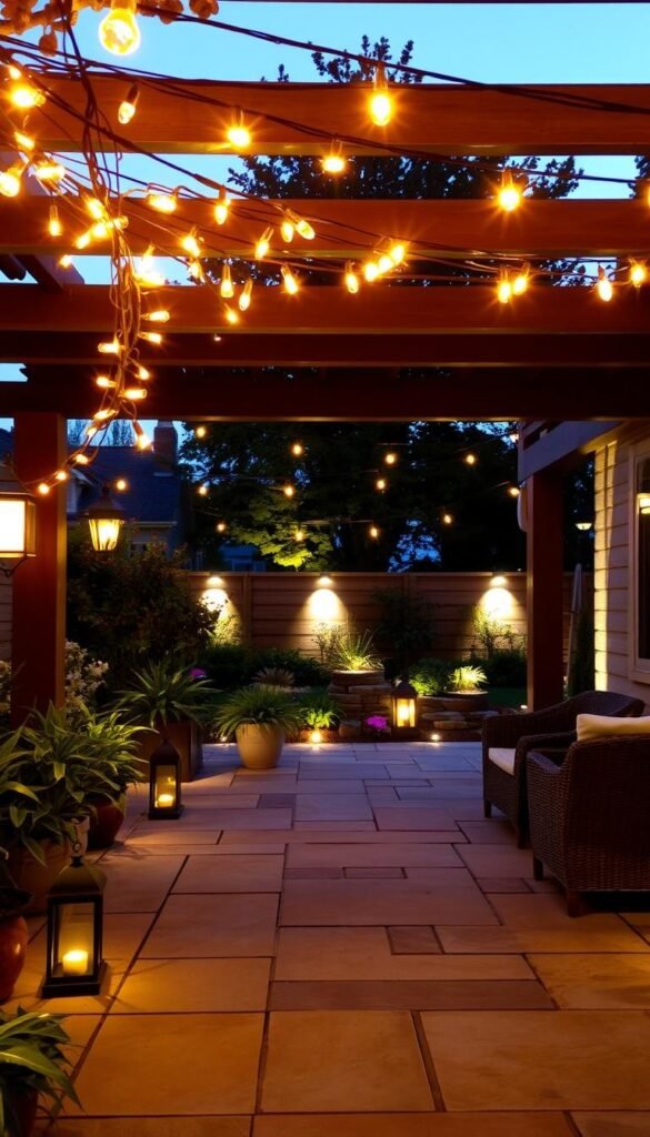 A sun-dappled patio, adorned with an array of outdoor lighting fixtures casting warm, ambient illumination. In the foreground, a cluster of string lights delicately draped across the pergola, creating a cozy, intimate atmosphere. Strategically placed lanterns and path lights guide the way, their soft glow reflecting off the smooth stone pavers. In the middle ground, a mix of recessed and wall-mounted lighting casts a gentle radiance, highlighting the lush potted plants and wicker furniture. The background features a well-lit garden, with spotlights accentuating the vibrant foliage and flowering shrubs. The overall scene exudes a serene, inviting ambiance, perfect for summer evenings spent entertaining or simply relaxing in the great outdoors.