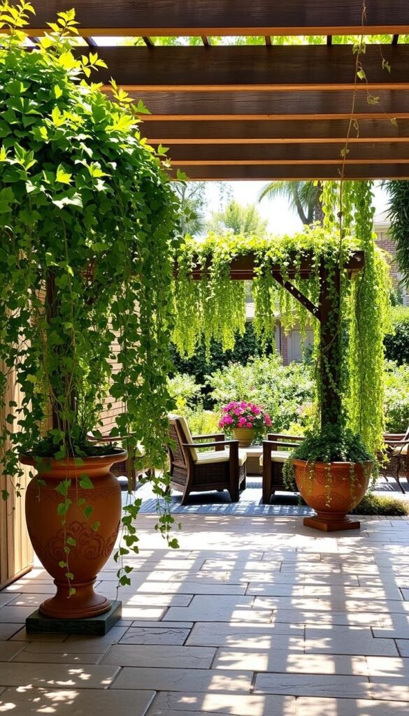 A sun-dappled patio, its floors covered in natural stone pavers. In the foreground, lush potted plants and trailing vines cascade from ornate terracotta planters, their verdant foliage casting soft shadows. In the middle ground, a wooden pergola draped with cascading greenery provides a shaded seating area, inviting guests to linger. The background features a well-tended garden, its vibrant flowers and shrubs framing the scene. Gentle natural light filters through the overhead canopy, creating a warm, inviting atmosphere. The overall impression is one of a serene, nature-inspired outdoor oasis, perfect for summer relaxation and entertaining.