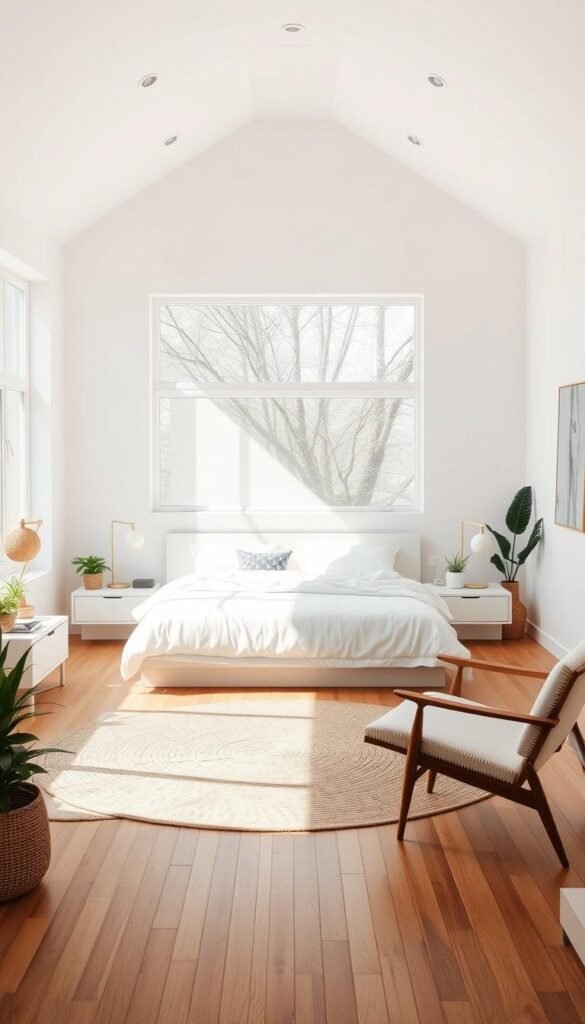 A sun-drenched, airy bedroom with a minimalist Scandinavian aesthetic. Soft white walls and warm wooden floors create a calming, serene atmosphere. A large, low-profile bed with crisp white linens and plush pillows takes center stage, flanked by sleek side tables with abstract lamps. A floor-to-ceiling window floods the space with natural light, casting gentle shadows and highlighting the room's functional yet stylish furniture arrangement. Potted plants and a woven area rug add pops of organic texture, while a cozy reading nook with a mid-century modern armchair invites relaxation. The overall scene conveys a tranquil, rejuvenating ambiance perfect for peaceful slumber. A sun-drenched, airy bedroom with a minimalist Scandinavian aesthetic. Soft white walls and warm wooden floors create a calming, serene atmosphere. A large, low-profile bed with crisp white linens and plush pillows takes center stage, flanked by sleek side tables with abstract lamps. A floor-to-ceiling window floods the space with natural light, casting gentle shadows and highlighting the room's functional yet stylish furniture arrangement. Potted plants and a woven area rug add pops of organic texture, while a cozy reading nook with a mid-century modern armchair invites relaxation. The overall scene conveys a tranquil, rejuvenating ambiance perfect for peaceful slumber.