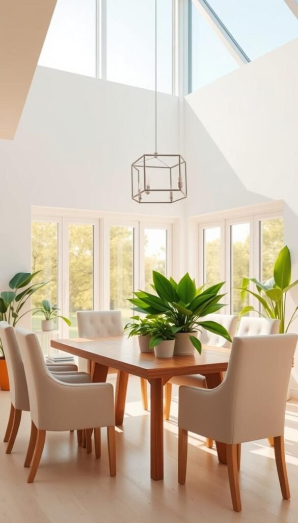 A sun-drenched, airy dining room with clean, minimalist design. Large windows flood the space with natural light, casting a warm, golden glow across the room. A sleek, rectangular wooden dining table is surrounded by high-backed, light-colored upholstered chairs. Lush, verdant potted plants adorn the table, their vibrant leaves contrasting beautifully with the neutral color palette. Overhead, a modern, geometric light fixture casts a soft, diffused illumination. The walls are painted in a pale, serene shade, creating a calming, tranquil atmosphere. Overall, the scene exudes a sense of openness, lightness, and a refreshing, summery ambiance. A sun-drenched, airy dining room with clean, minimalist design. Large windows flood the space with natural light, casting a warm, golden glow across the room. A sleek, rectangular wooden dining table is surrounded by high-backed, light-colored upholstered chairs. Lush, verdant potted plants adorn the table, their vibrant leaves contrasting beautifully with the neutral color palette. Overhead, a modern, geometric light fixture casts a soft, diffused illumination. The walls are painted in a pale, serene shade, creating a calming, tranquil atmosphere. Overall, the scene exudes a sense of openness, lightness, and a refreshing, summery ambiance.