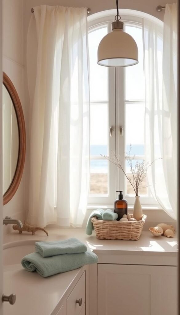 A sun-drenched beach house bathroom, with a softly curved vanity under a large arched window. Sheer linen curtains billow gently in the breeze, casting a dreamy, ethereal light. Plush towels in pale shades of blue and green are neatly folded, inviting relaxation. A woven basket holds fragrant sea salt and essential oils, while a driftwood mirror reflects the natural beauty of the space. Subtle, coastal-inspired decor like seashells and driftwood accents complete the tranquil, airy atmosphere. Soft, diffused lighting from a pendant fixture warms the scene, creating a serene and inviting sanctuary. A sun-drenched beach house bathroom, with a softly curved vanity under a large arched window. Sheer linen curtains billow gently in the breeze, casting a dreamy, ethereal light. Plush towels in pale shades of blue and green are neatly folded, inviting relaxation. A woven basket holds fragrant sea salt and essential oils, while a driftwood mirror reflects the natural beauty of the space. Subtle, coastal-inspired decor like seashells and driftwood accents complete the tranquil, airy atmosphere. Soft, diffused lighting from a pendant fixture warms the scene, creating a serene and inviting sanctuary.