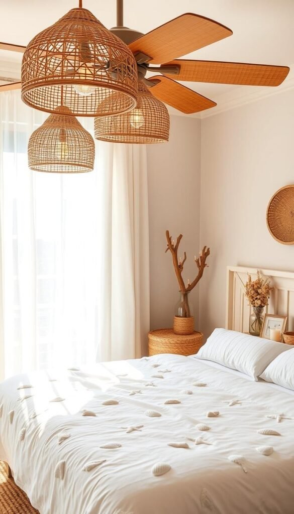 A sun-drenched beach-themed bedroom with woven rattan pendant lamps hanging from the ceiling, casting a warm glow over the scene. In the foreground, a plush white duvet cover adorned with delicate seashell motifs. Soft, flowing white curtains frame the windows, letting in the gentle summer breeze. On the nightstands, decorative glass bottles filled with driftwood, seashells, and candles create a tranquil, coastal vibe. Woven baskets, a jute area rug, and a bamboo ceiling fan complete the airy, natural aesthetic. The overall mood is one of relaxation and summer serenity. A sun-drenched beach-themed bedroom with woven rattan pendant lamps hanging from the ceiling, casting a warm glow over the scene. In the foreground, a plush white duvet cover adorned with delicate seashell motifs. Soft, flowing white curtains frame the windows, letting in the gentle summer breeze. On the nightstands, decorative glass bottles filled with driftwood, seashells, and candles create a tranquil, coastal vibe. Woven baskets, a jute area rug, and a bamboo ceiling fan complete the airy, natural aesthetic. The overall mood is one of relaxation and summer serenity.