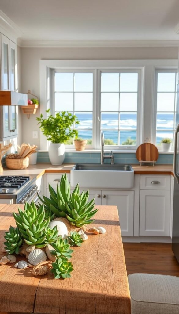 A sun-drenched coastal kitchen, adorned with a captivating blend of sea-inspired decor. In the foreground, a weathered wood countertop showcases a vibrant array of succulents, seashells, and driftwood accents, casting a warm, organic glow. The middle ground features sleek, white cabinetry complemented by a backsplash of soft blue subway tiles, evoking the gentle hues of the ocean. In the background, large windows flood the space with natural light, framing a breathtaking vista of rolling waves and a distant horizon. The overall scene exudes a sense of tranquility and effortless coastal charm, perfectly capturing the essence of a summer kitchen retreat. A sun-drenched coastal kitchen, adorned with a captivating blend of sea-inspired decor. In the foreground, a weathered wood countertop showcases a vibrant array of succulents, seashells, and driftwood accents, casting a warm, organic glow. The middle ground features sleek, white cabinetry complemented by a backsplash of soft blue subway tiles, evoking the gentle hues of the ocean. In the background, large windows flood the space with natural light, framing a breathtaking vista of rolling waves and a distant horizon. The overall scene exudes a sense of tranquility and effortless coastal charm, perfectly capturing the essence of a summer kitchen retreat.
