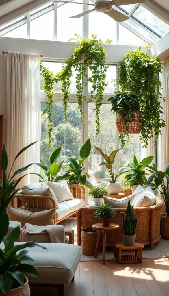 A sun-drenched coastal living room with lush, verdant greenery cascading from large, airy windows. Comfortable, plush seating in neutral tones invites relaxation, while natural wood accents and rattan decor add warmth. Soft, diffused lighting filters through sheer curtains, creating a serene, tranquil ambiance. The room is adorned with a variety of thriving potted plants, their vibrant foliage adding pops of color and bringing the outdoors in. A sense of harmony and balance pervades the space, evoking the calming essence of a summer retreat. A sun-drenched coastal living room with lush, verdant greenery cascading from large, airy windows. Comfortable, plush seating in neutral tones invites relaxation, while natural wood accents and rattan decor add warmth. Soft, diffused lighting filters through sheer curtains, creating a serene, tranquil ambiance. The room is adorned with a variety of thriving potted plants, their vibrant foliage adding pops of color and bringing the outdoors in. A sense of harmony and balance pervades the space, evoking the calming essence of a summer retreat.