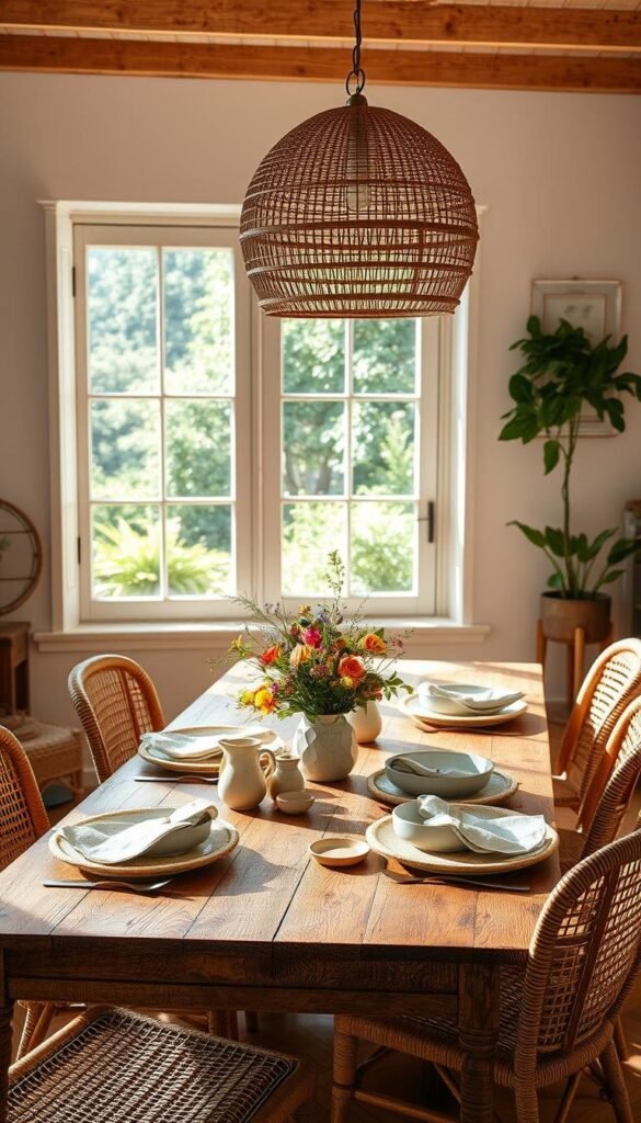 A sun-drenched dining space with natural textures and personal touches. A rustic wooden table is set with linen napkins, handcrafted ceramic plates, and a vibrant floral centerpiece. Rattan and cane chairs surround the table, complemented by a woven pendant light that casts a warm glow. In the background, a large window frames a verdant outdoor scene, allowing ample natural light to filter in. Soft, earthy tones throughout create a calming, inviting atmosphere, perfect for leisurely summer meals with loved ones. A sun-drenched dining space with natural textures and personal touches. A rustic wooden table is set with linen napkins, handcrafted ceramic plates, and a vibrant floral centerpiece. Rattan and cane chairs surround the table, complemented by a woven pendant light that casts a warm glow. In the background, a large window frames a verdant outdoor scene, allowing ample natural light to filter in. Soft, earthy tones throughout create a calming, inviting atmosphere, perfect for leisurely summer meals with loved ones.