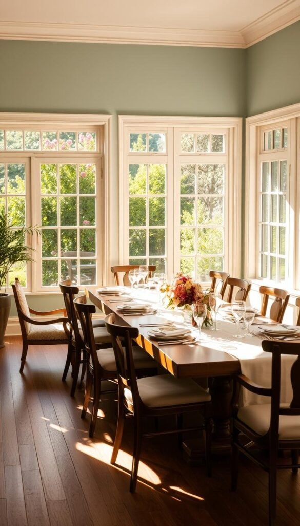 A sun-drenched, elegant summer dining room with an inviting, relaxed atmosphere. The scene features a long wooden dining table surrounded by comfortable chairs, with a large window overlooking a lush, verdant garden. The table is set with crisp white linen, delicate floral arrangements, and sparkling glassware, creating a refined yet warm ambiance. Soft, natural light filters in, casting a golden glow and accentuating the room's airy, open feel. The walls are a soothing, muted palette of blues and greens, complementing the natural hues of the outdoor scene visible through the window. Gentle breezes carry the subtle fragrance of blooming flowers, creating a serene, sun-kissed dining experience. A sun-drenched, elegant summer dining room with an inviting, relaxed atmosphere. The scene features a long wooden dining table surrounded by comfortable chairs, with a large window overlooking a lush, verdant garden. The table is set with crisp white linen, delicate floral arrangements, and sparkling glassware, creating a refined yet warm ambiance. Soft, natural light filters in, casting a golden glow and accentuating the room's airy, open feel. The walls are a soothing, muted palette of blues and greens, complementing the natural hues of the outdoor scene visible through the window. Gentle breezes carry the subtle fragrance of blooming flowers, creating a serene, sun-kissed dining experience.