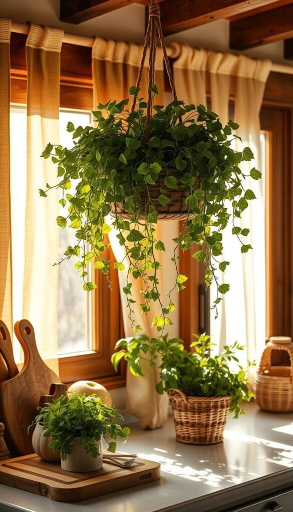 A sun-drenched kitchen, with a centerpiece of lush, verdant foliage cascading from a rustic hanging planter. Surrounding it, an array of natural, earthy accessories - a cutting board of carved wood, a ceramic utensil holder, and a woven basket brimming with fresh herbs. The scene is bathed in warm, golden light, filtering through sheer curtains that gently sway. The overall atmosphere is one of relaxed, organic elegance - a harmonious blend of nature and functionality, creating a tranquil and inviting space. A sun-drenched kitchen, with a centerpiece of lush, verdant foliage cascading from a rustic hanging planter. Surrounding it, an array of natural, earthy accessories - a cutting board of carved wood, a ceramic utensil holder, and a woven basket brimming with fresh herbs. The scene is bathed in warm, golden light, filtering through sheer curtains that gently sway. The overall atmosphere is one of relaxed, organic elegance - a harmonious blend of nature and functionality, creating a tranquil and inviting space.