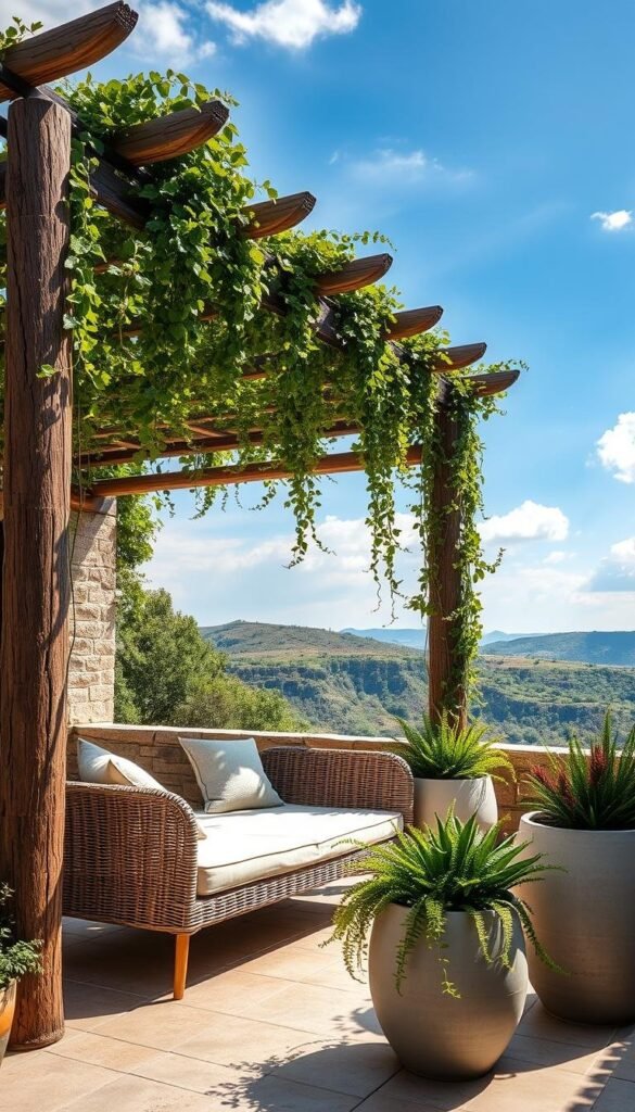 A sun-drenched outdoor oasis, with a rustic wooden pergola draped in lush vines and cascading greenery. In the foreground, a woven rattan daybed invites relaxation, flanked by modern ceramic planters overflowing with verdant foliage. Muted earthy tones and natural textures create a soothing, nature-inspired ambiance. Soft, diffused lighting filters through the pergola, casting gentle shadows and highlighting the organic materials. The scene is framed by a backdrop of rolling hills and a cloudless azure sky, exuding a sense of tranquility and harmony with the great outdoors. A sun-drenched outdoor oasis, with a rustic wooden pergola draped in lush vines and cascading greenery. In the foreground, a woven rattan daybed invites relaxation, flanked by modern ceramic planters overflowing with verdant foliage. Muted earthy tones and natural textures create a soothing, nature-inspired ambiance. Soft, diffused lighting filters through the pergola, casting gentle shadows and highlighting the organic materials. The scene is framed by a backdrop of rolling hills and a cloudless azure sky, exuding a sense of tranquility and harmony with the great outdoors.