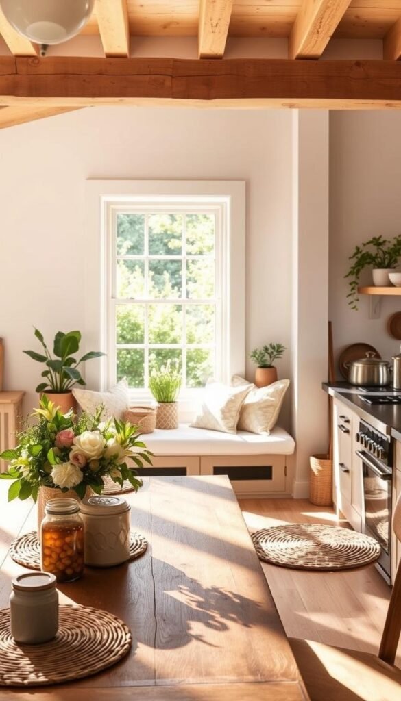A sun-drenched summer kitchen, warm and inviting. In the foreground, a farmhouse-style wooden table with a fresh floral centerpiece and woven placemats, casting soft shadows. Surrounding it, an array of jars, bowls, and rustic cooking utensils, suggesting a space brimming with culinary potential. In the middle ground, a window seat nestled beneath an airy, white-trimmed window, offering a view of a lush, verdant garden. The background features exposed beams, whitewashed walls, and a few strategically placed potted plants, creating a harmonious blend of nature and modernized farmhouse charm. The lighting is soft and diffused, casting a golden glow and highlighting the natural textures throughout the room. An atmosphere of relaxed functionality and effortless style, perfect for gathering, cooking, and experiencing the joys of summer. A sun-drenched summer kitchen, warm and inviting. In the foreground, a farmhouse-style wooden table with a fresh floral centerpiece and woven placemats, casting soft shadows. Surrounding it, an array of jars, bowls, and rustic cooking utensils, suggesting a space brimming with culinary potential. In the middle ground, a window seat nestled beneath an airy, white-trimmed window, offering a view of a lush, verdant garden. The background features exposed beams, whitewashed walls, and a few strategically placed potted plants, creating a harmonious blend of nature and modernized farmhouse charm. The lighting is soft and diffused, casting a golden glow and highlighting the natural textures throughout the room. An atmosphere of relaxed functionality and effortless style, perfect for gathering, cooking, and experiencing the joys of summer.
