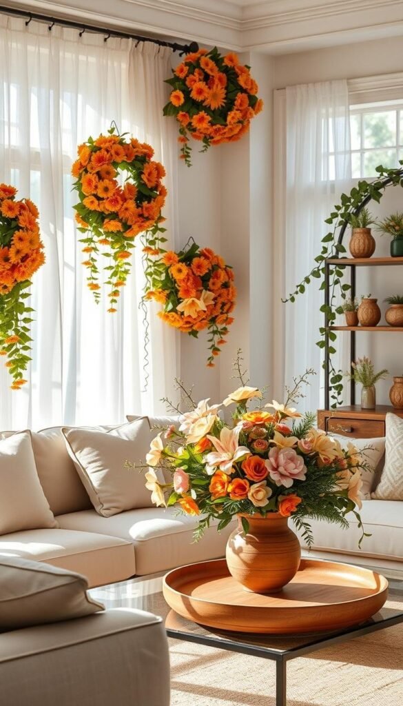 A sun-drenched summer living room, filled with delicate artificial floral arrangements in warm tones. Cascading wreaths of vibrant marigolds, dahlias, and lilies adorn the walls, their petals catching the soft natural light filtering through sheer curtains. On the coffee table, a centerpiece of lush peonies and jasmine sprigs in a rustic terracotta vase. Trailing vines of ivy and eucalyptus spill over shelves, adding a touch of whimsy and natural elegance. The overall scene evokes a sense of timeless, effortless beauty - a harmonious blend of nature and modern decor. A sun-drenched summer living room, filled with delicate artificial floral arrangements in warm tones. Cascading wreaths of vibrant marigolds, dahlias, and lilies adorn the walls, their petals catching the soft natural light filtering through sheer curtains. On the coffee table, a centerpiece of lush peonies and jasmine sprigs in a rustic terracotta vase. Trailing vines of ivy and eucalyptus spill over shelves, adding a touch of whimsy and natural elegance. The overall scene evokes a sense of timeless, effortless beauty - a harmonious blend of nature and modern decor.