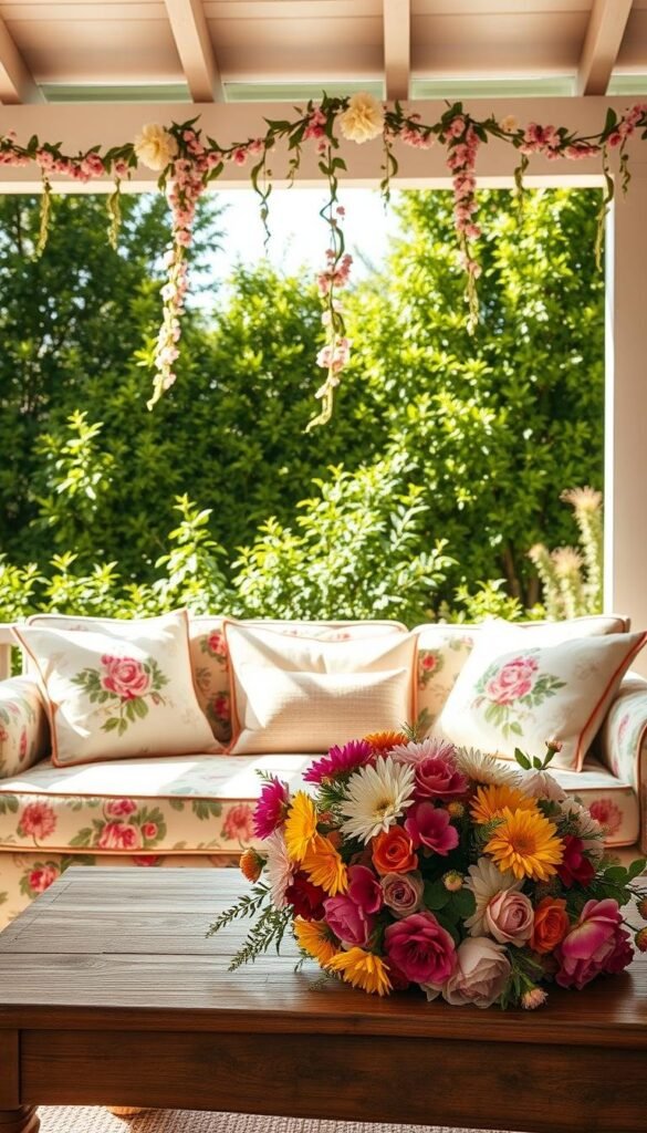 A sun-drenched summer scene with a cozy floral-patterned sofa set against a backdrop of lush, verdant greenery. Plush throw pillows in complementary shades adorn the sofa, while a delicate floral garland cascades from a ceiling beam, adding a touch of whimsy. The lighting is soft and natural, casting a warm glow over the space. In the foreground, a wooden coffee table is adorned with a vibrant bouquet of freshly cut flowers, their petals bursting with color. The overall atmosphere is one of tranquility and relaxation, inviting the viewer to imagine themselves immersed in this serene, floral-infused summer haven. A sun-drenched summer scene with a cozy floral-patterned sofa set against a backdrop of lush, verdant greenery. Plush throw pillows in complementary shades adorn the sofa, while a delicate floral garland cascades from a ceiling beam, adding a touch of whimsy. The lighting is soft and natural, casting a warm glow over the space. In the foreground, a wooden coffee table is adorned with a vibrant bouquet of freshly cut flowers, their petals bursting with color. The overall atmosphere is one of tranquility and relaxation, inviting the viewer to imagine themselves immersed in this serene, floral-infused summer haven.