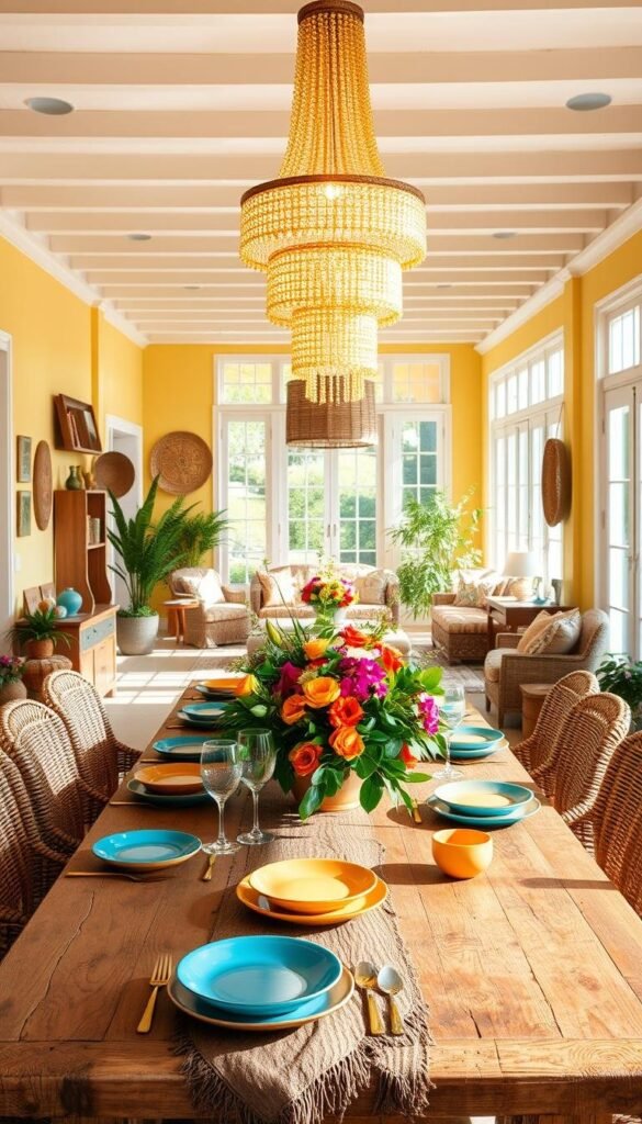 A sun-drenched, vibrant summer dining room with a beautifully set table. In the foreground, a rustic wooden table adorned with a vibrant floral centerpiece, lush greenery, and vibrant tableware in hues of ochre, terracotta, and azure. Overhead, a cascading chandelier casts a warm, golden glow, illuminating the space. In the middle ground, large windows allow natural light to flood the room, creating a sense of openness and airiness. In the background, walls painted in a soft, sun-kissed yellow, accented with natural textures like woven baskets and rattan furnishings, exuding a relaxed, summery ambiance. The overall mood is one of effortless elegance and a celebration of the season. A sun-drenched, vibrant summer dining room with a beautifully set table. In the foreground, a rustic wooden table adorned with a vibrant floral centerpiece, lush greenery, and vibrant tableware in hues of ochre, terracotta, and azure. Overhead, a cascading chandelier casts a warm, golden glow, illuminating the space. In the middle ground, large windows allow natural light to flood the room, creating a sense of openness and airiness. In the background, walls painted in a soft, sun-kissed yellow, accented with natural textures like woven baskets and rattan furnishings, exuding a relaxed, summery ambiance. The overall mood is one of effortless elegance and a celebration of the season.