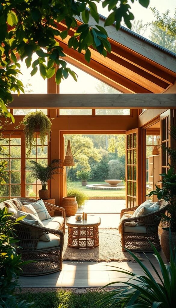 A tranquil, sun-drenched scene of an eco-friendly summer home, nestled amidst lush greenery. In the foreground, a cozy patio adorned with rattan furniture, plush cushions, and hanging plants, bathed in warm, golden light. The middle ground features large windows that showcase an interior filled with natural materials, such as wooden beams, jute rugs, and minimalist decor. In the background, a verdant garden with swaying trees and a glimpse of a sustainable water feature, reflecting the serene atmosphere. The overall mood is one of harmony, comfort, and a deep connection to nature. A tranquil, sun-drenched scene of an eco-friendly summer home, nestled amidst lush greenery. In the foreground, a cozy patio adorned with rattan furniture, plush cushions, and hanging plants, bathed in warm, golden light. The middle ground features large windows that showcase an interior filled with natural materials, such as wooden beams, jute rugs, and minimalist decor. In the background, a verdant garden with swaying trees and a glimpse of a sustainable water feature, reflecting the serene atmosphere. The overall mood is one of harmony, comfort, and a deep connection to nature.