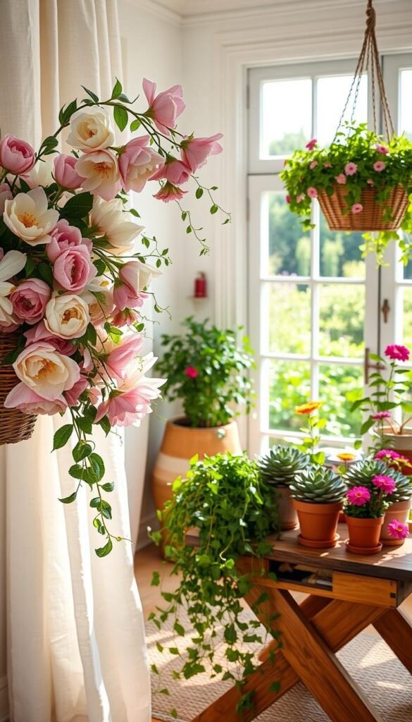 A vibrant array of lush floral arrangements adorning a sun-drenched summer home interior. In the foreground, a bouquet of delicate peonies, fragrant lilies, and cascading vines spill gracefully from a hand-woven rattan basket, casting a warm glow against the soft, white linen curtains. The middle ground features a collection of potted succulents, trailing ivy, and vibrant zinnias arranged purposefully on a rustic wooden table, basking in the natural light streaming through large windows. The background showcases a verdant outdoor scene, hinting at a sprawling garden just beyond the threshold, creating a seamless transition between the indoor and outdoor spaces. A vibrant array of lush floral arrangements adorning a sun-drenched summer home interior. In the foreground, a bouquet of delicate peonies, fragrant lilies, and cascading vines spill gracefully from a hand-woven rattan basket, casting a warm glow against the soft, white linen curtains. The middle ground features a collection of potted succulents, trailing ivy, and vibrant zinnias arranged purposefully on a rustic wooden table, basking in the natural light streaming through large windows. The background showcases a verdant outdoor scene, hinting at a sprawling garden just beyond the threshold, creating a seamless transition between the indoor and outdoor spaces.