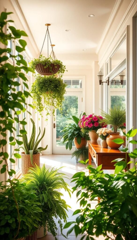A vibrant summer hallway, sunlight streaming through large windows, illuminating a welcoming entryway. In the foreground, a collection of lush, thriving potted plants in various sizes and shades of green, their leaves gently swaying. Trailing vines cascade from hanging baskets, adding a touch of natural elegance. The middle ground features a polished wooden console table, topped with an artfully arranged display of seasonal blooms in vibrant hues. The background showcases crisp white walls, accentuated by warm, golden hues from the recessed lighting fixtures. The overall atmosphere exudes a sense of tranquility and rejuvenation, inviting visitors to pause and appreciate the harmonious integration of nature and refined design. A vibrant summer hallway, sunlight streaming through large windows, illuminating a welcoming entryway. In the foreground, a collection of lush, thriving potted plants in various sizes and shades of green, their leaves gently swaying. Trailing vines cascade from hanging baskets, adding a touch of natural elegance. The middle ground features a polished wooden console table, topped with an artfully arranged display of seasonal blooms in vibrant hues. The background showcases crisp white walls, accentuated by warm, golden hues from the recessed lighting fixtures. The overall atmosphere exudes a sense of tranquility and rejuvenation, inviting visitors to pause and appreciate the harmonious integration of nature and refined design.
