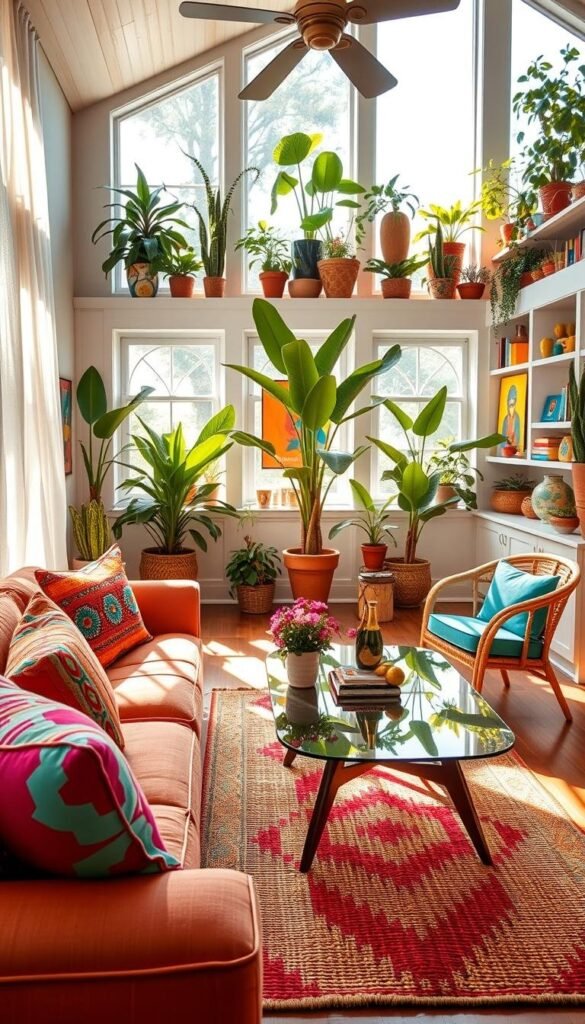 A vibrant summer home filled with cheerful decor. In the foreground, a plush, colorful sofa adorned with patterned throw pillows in shades of fuschia, tangerine, and turquoise. A mid-century modern coffee table with a glass top reflects the sunlight streaming through large windows, framed by sheer, breezy curtains. The middle ground features a woven area rug in a bold, geometric design, complemented by a pair of rattan armchairs. The background showcases built-in bookshelves bursting with lush potted plants and colorful art pieces. Natural light floods the space, casting a warm, golden glow and creating an inviting, energetic atmosphere. The overall feel is one of playful sophistication and a celebration of summertime joy. A vibrant summer home filled with cheerful decor. In the foreground, a plush, colorful sofa adorned with patterned throw pillows in shades of fuschia, tangerine, and turquoise. A mid-century modern coffee table with a glass top reflects the sunlight streaming through large windows, framed by sheer, breezy curtains. The middle ground features a woven area rug in a bold, geometric design, complemented by a pair of rattan armchairs. The background showcases built-in bookshelves bursting with lush potted plants and colorful art pieces. Natural light floods the space, casting a warm, golden glow and creating an inviting, energetic atmosphere. The overall feel is one of playful sophistication and a celebration of summertime joy.