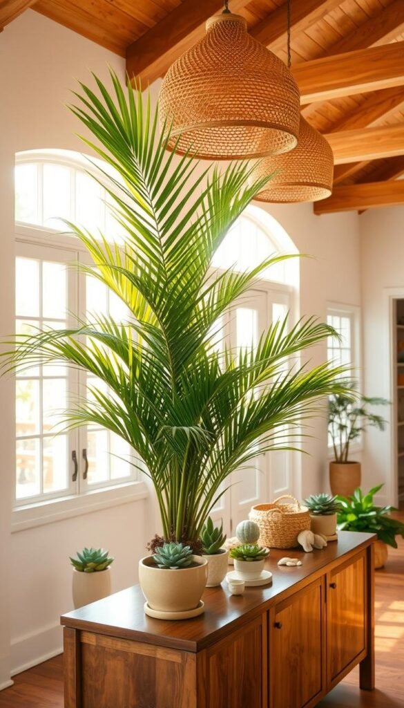A vibrant tropical foyer, bathed in warm, golden light streaming through large windows. In the foreground, a lush potted palm tree stands tall, its fronds gently swaying. On a polished wooden console table, an assortment of potted succulents, a woven basket, and a few decorative seashells create a natural, beachy vibe. The mid-ground features a rattan pendant light fixture, casting a soft, ambient glow. The background showcases whitewashed walls, complemented by natural wood accents and a stunning beamed ceiling, evoking a sun-drenched Caribbean atmosphere. The overall scene exudes a sense of welcoming, effortless summer charm. A vibrant tropical foyer, bathed in warm, golden light streaming through large windows. In the foreground, a lush potted palm tree stands tall, its fronds gently swaying. On a polished wooden console table, an assortment of potted succulents, a woven basket, and a few decorative seashells create a natural, beachy vibe. The mid-ground features a rattan pendant light fixture, casting a soft, ambient glow. The background showcases whitewashed walls, complemented by natural wood accents and a stunning beamed ceiling, evoking a sun-drenched Caribbean atmosphere. The overall scene exudes a sense of welcoming, effortless summer charm.