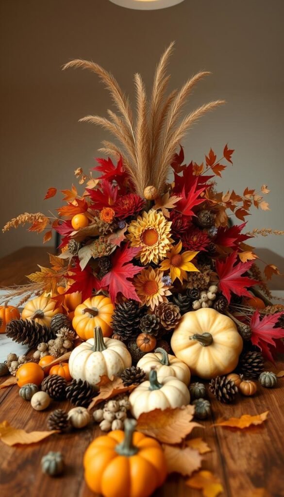 A warm, cozy autumn scene with a bountiful centerpiece arrangement on a rustic wooden table. In the foreground, a cornucopia of seasonal produce - gourds, pumpkins, pinecones, and dried florals spill out across the table's surface. The middle ground showcases an elegant, asymmetrical bouquet of fall foliage, including vibrant red and orange maple leaves, bronze chrysanthemums, and wispy ribbon grass. Soft, diffused lighting from overhead casts a gentle glow, highlighting the rich textures and earthy tones. The background features a neutral backdrop, allowing the centerpiece to take center stage and emanate the spirit of the autumn harvest. A warm, cozy autumn scene with a bountiful centerpiece arrangement on a rustic wooden table. In the foreground, a cornucopia of seasonal produce - gourds, pumpkins, pinecones, and dried florals spill out across the table's surface. The middle ground showcases an elegant, asymmetrical bouquet of fall foliage, including vibrant red and orange maple leaves, bronze chrysanthemums, and wispy ribbon grass. Soft, diffused lighting from overhead casts a gentle glow, highlighting the rich textures and earthy tones. The background features a neutral backdrop, allowing the centerpiece to take center stage and emanate the spirit of the autumn harvest.