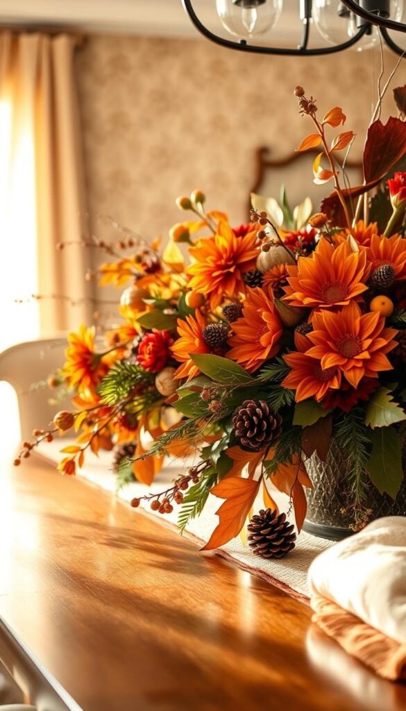 A warm, cozy fall dining room centerpiece, bathed in soft, golden light. In the foreground, a stunning arrangement of seasonal flowers - vibrant oranges, deep reds, and earthy browns, artfully intertwined. Crisp, fresh leaves and natural elements like pine cones and twigs add rustic charm. In the middle ground, the polished wooden table reflects the light, creating a sense of depth and elegance. The background features muted, autumnal wallpaper or textured neutrals, creating a serene, inviting atmosphere. The overall composition evokes a sense of effortless sophistication, perfect for a memorable fall gathering.