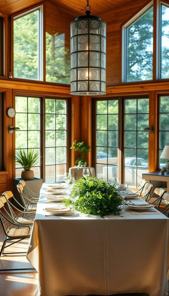 A warm, sun-drenched dining room, with a beautifully curated table setting. The table is adorned with a lush, verdant centerpiece, casting a gentle glow across the white linen tablecloth. Overhead, a modern, glass-paneled chandelier casts a soft, ambient light, creating a cozy and inviting atmosphere. The room is framed by large, floor-to-ceiling windows, allowing natural light to flood the space and cast a golden hue on the wood-paneled walls. A mix of contemporary and rustic elements, such as sleek metal accents and natural wood furnishings, create a harmonious and visually-striking scene. The overall mood is one of relaxation and effortless elegance, perfect for summer entertaining. A warm, sun-drenched dining room, with a beautifully curated table setting. The table is adorned with a lush, verdant centerpiece, casting a gentle glow across the white linen tablecloth. Overhead, a modern, glass-paneled chandelier casts a soft, ambient light, creating a cozy and inviting atmosphere. The room is framed by large, floor-to-ceiling windows, allowing natural light to flood the space and cast a golden hue on the wood-paneled walls. A mix of contemporary and rustic elements, such as sleek metal accents and natural wood furnishings, create a harmonious and visually-striking scene. The overall mood is one of relaxation and effortless elegance, perfect for summer entertaining.